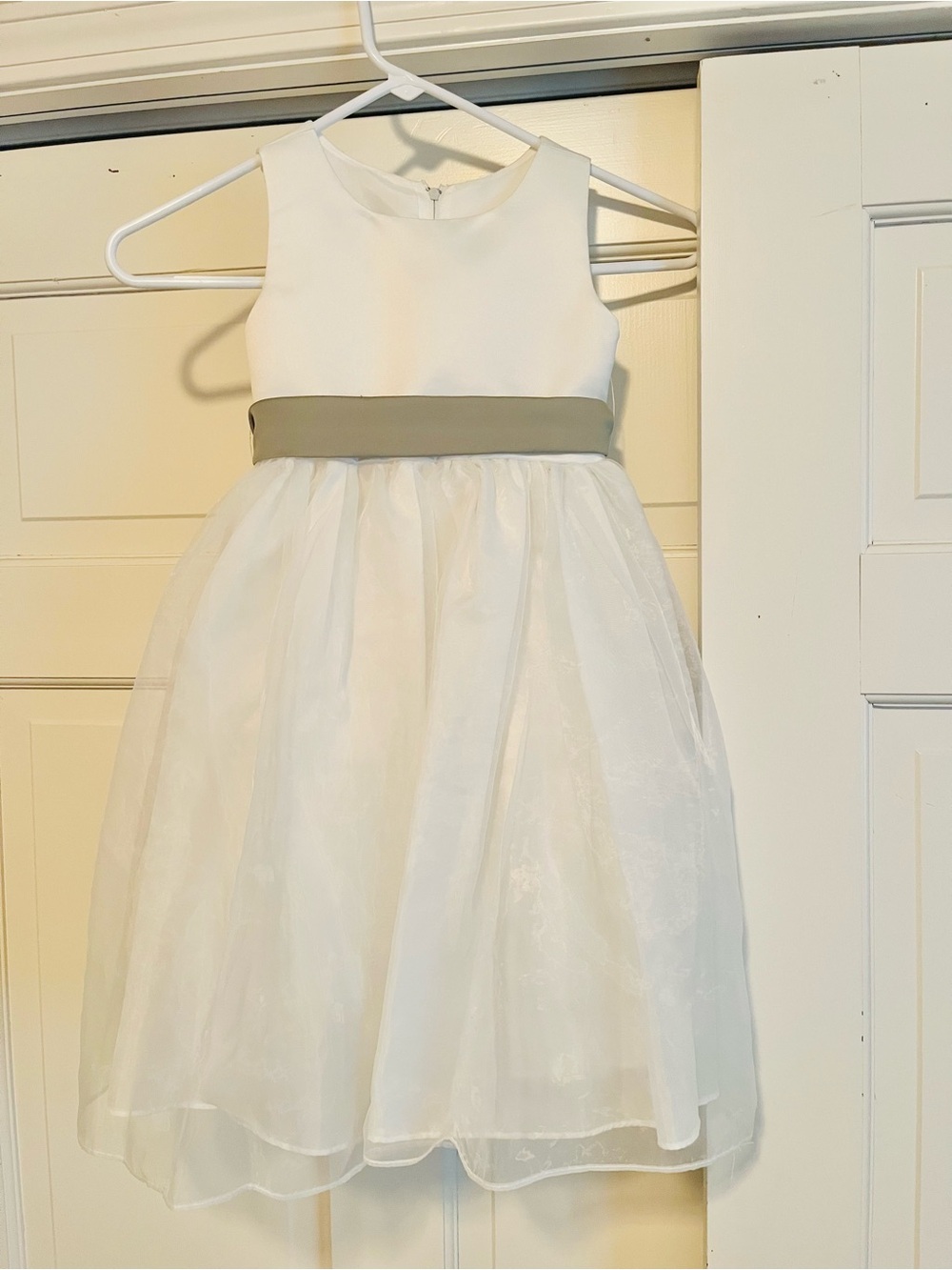 Girls White Organza Flower Girl Dress with removable Sage Waistband